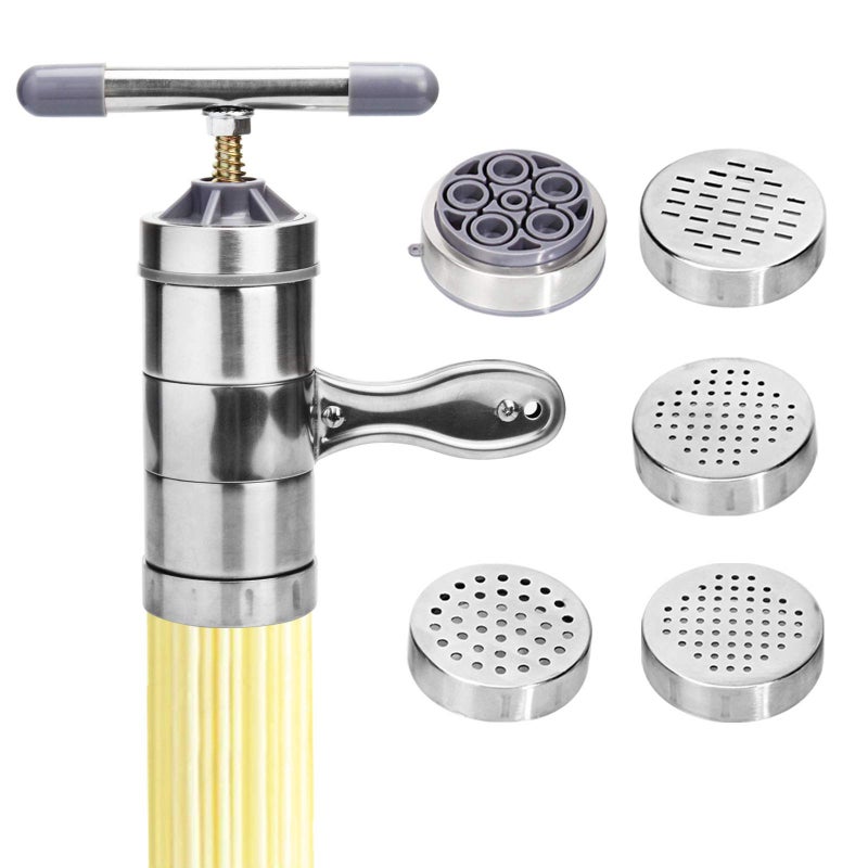 JETH Manual Noodle Pasta Maker Spaghetti Kitchen Tool Stainless Steel Press Machine Press Machine Pasta Maker with 5 Noodle Mould Fruit Juicer Squeezer 185x14cm 