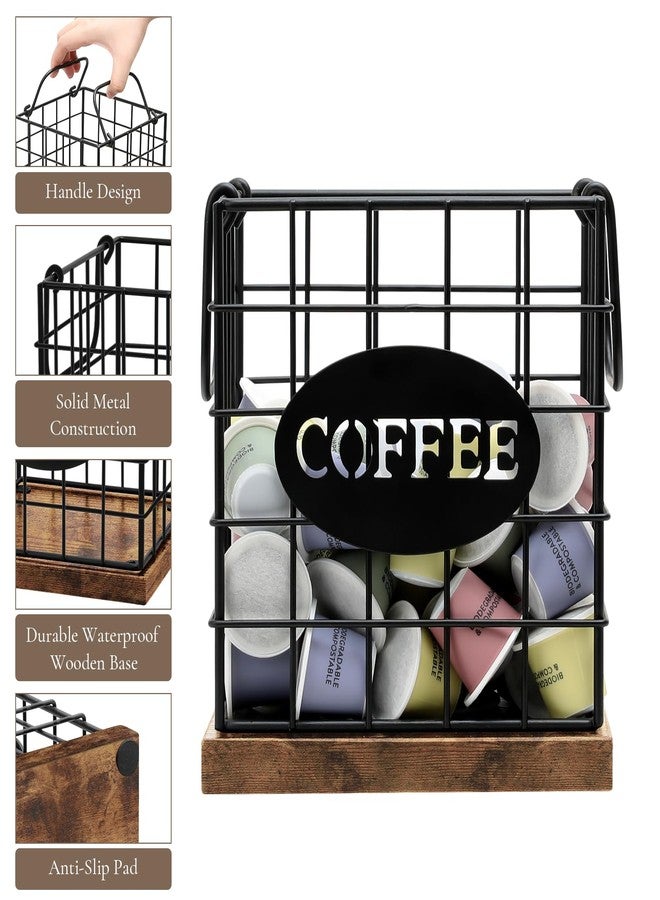 BCOZLUX Coffee Pod Holder Organizer,Large Capacity K Cup Holder Organizer, Storage Basket for Kitchen Countertop Office Coffee Bar with Wooden Base(Rustic Brown-Square) - Image 3