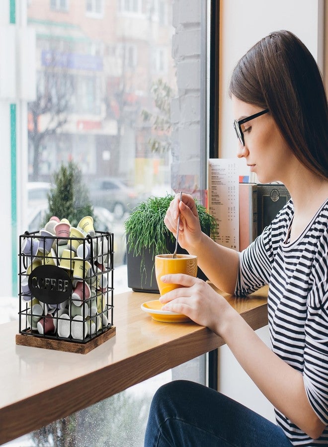 BCOZLUX Coffee Pod Holder Organizer,Large Capacity K Cup Holder Organizer, Storage Basket for Kitchen Countertop Office Coffee Bar with Wooden Base(Rustic Brown-Square) - Image 2