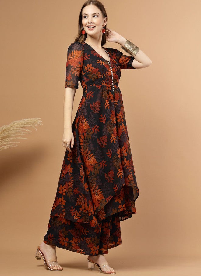 RAASSIO كُرتا أناركالي بطبعة زهور متعددة الطبقات مع بنطلونات بالازو للنساء - Image 3