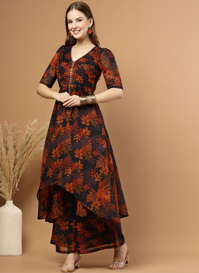 RAASSIO كُرتا أناركالي بطبعة زهور متعددة الطبقات مع بنطلونات بالازو للنساء - Image 4