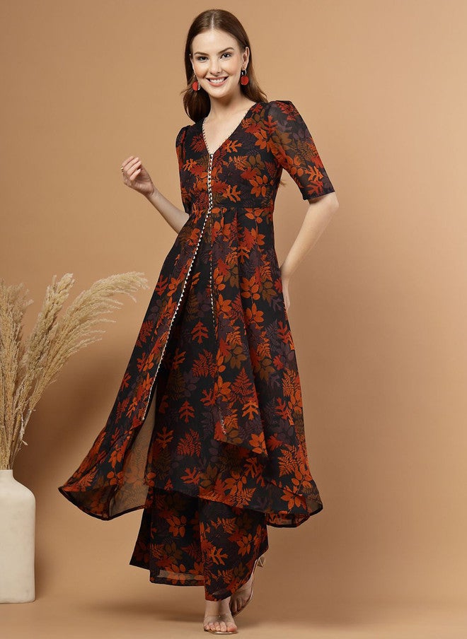 RAASSIO كُرتا أناركالي بطبعة زهور متعددة الطبقات مع بنطلونات بالازو للنساء - Image 1