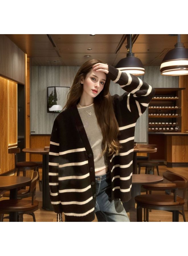 Leyuan Autumn And Winter New Large Version Striped Lazy Style Women's Sweater Coat High-end Knitted Cardigan Top - Image 1