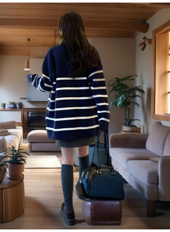 Leyuan Autumn And Winter New Large Version Striped Lazy Style Women's Sweater Coat High-end Knitted Cardigan Top - Image 3
