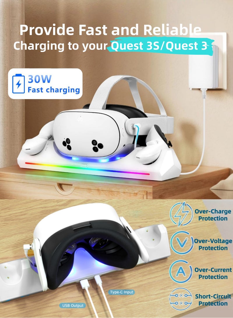 CoolRabbie VR Charging Dock for Meta Quest 3S/3, 30W Fast Adapter Charging Station for Oculus Quest 3S Support LED Indicator/Magnetic Charging Headset & Controllers, with 2 Rechargeable Batteries, USB-C Charger & Cable - Image 4