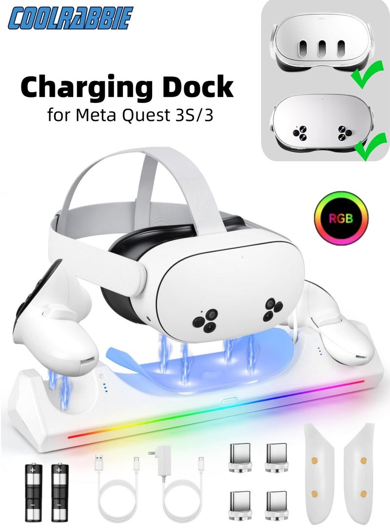CoolRabbie VR Charging Dock for Meta Quest 3S/3, 30W Fast Adapter Charging Station for Oculus Quest 3S Support LED Indicator/Magnetic Charging Headset & Controllers, with 2 Rechargeable Batteries, USB-C Charger & Cable - Image 1