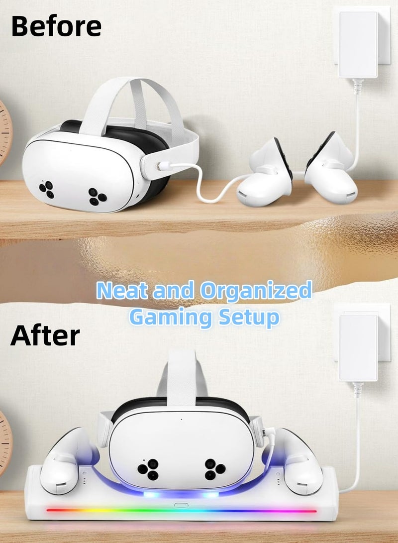 CoolRabbie VR Charging Dock for Meta Quest 3S/3, 30W Fast Adapter Charging Station for Oculus Quest 3S Support LED Indicator/Magnetic Charging Headset & Controllers, with 2 Rechargeable Batteries, USB-C Charger & Cable - Image 2