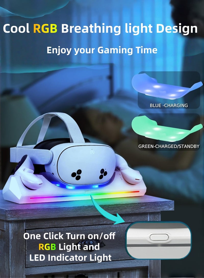 CoolRabbie VR Charging Dock for Meta Quest 3S/3, 30W Fast Adapter Charging Station for Oculus Quest 3S Support LED Indicator/Magnetic Charging Headset & Controllers, with 2 Rechargeable Batteries, USB-C Charger & Cable - Image 3