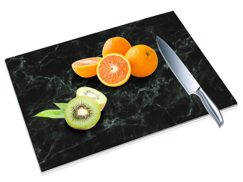 JAMBALAY Tempered Glass Cutting Board for Kitchen, 16"x12" Black Marble Glass Cutting Board with Design, Glass Chopping Board with Non Slip Feet, Heat & Shatter Resistant, Dishwasher Safe - Image 1