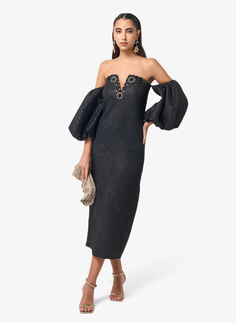 Puff Sleeve Off Shoulder Midi Dress