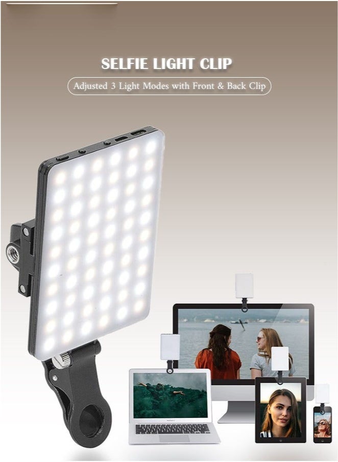 Arabest High-power 60-LED Rechargeable Selfie Light with Front & Back Clips, 3 Light Modes and 10 Brightness Levels, Ideal for Makeup, Selfies, Vlogs, Video Conferences on Smartphones, Tablets, Laptops - Image 1