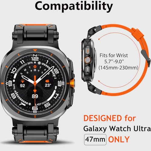 Wingle Compatible for Galaxy Watch Ultra Bands 47mm 2025/2024 Men Sport Durable Silicone Rubber Band, Armor Military Rugged Samsung Galaxy Watch Ultra Band Stainless Steel Metal Connector Black/Orange - Image 5