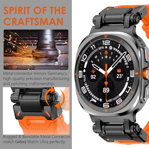 Wingle Compatible for Galaxy Watch Ultra Bands 47mm 2025/2024 Men Sport Durable Silicone Rubber Band, Armor Military Rugged Samsung Galaxy Watch Ultra Band Stainless Steel Metal Connector Black/Orange - Image 3