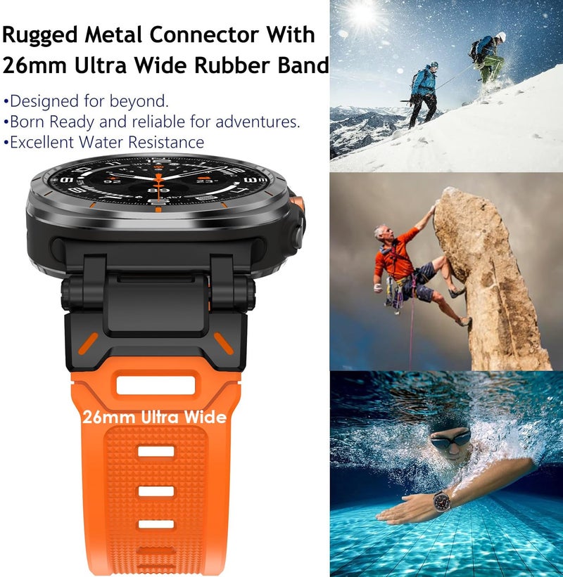 Wingle Compatible for Galaxy Watch Ultra Bands 47mm 2025/2024 Men Sport Durable Silicone Rubber Band, Armor Military Rugged Samsung Galaxy Watch Ultra Band Stainless Steel Metal Connector Black/Orange - Image 4