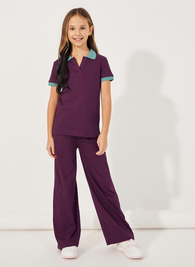 Styli Rib Knit Polo T-Shirt with Contrast Collar and Wide Leg Joggers Set - Image 1