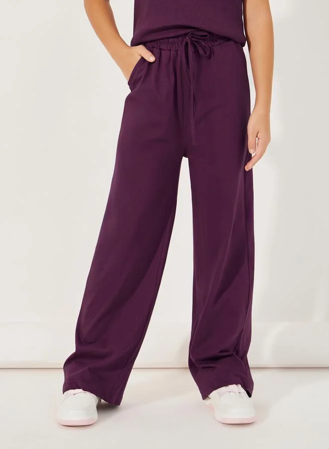 Styli Rib Knit Polo T-Shirt with Contrast Collar & Wide Leg Joggers Set