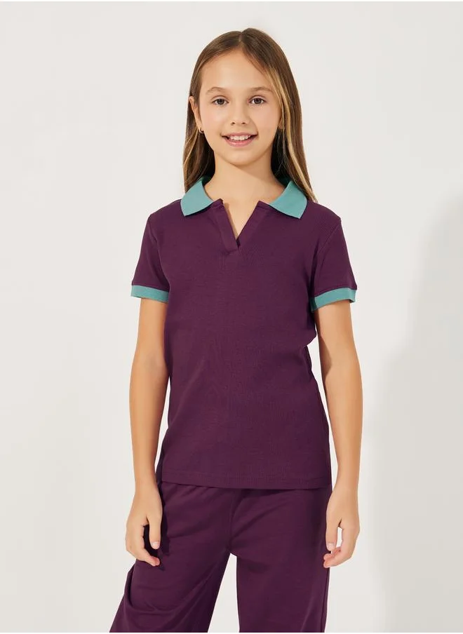 Styli Rib Knit Polo T-Shirt with Contrast Collar & Wide Leg Joggers Set