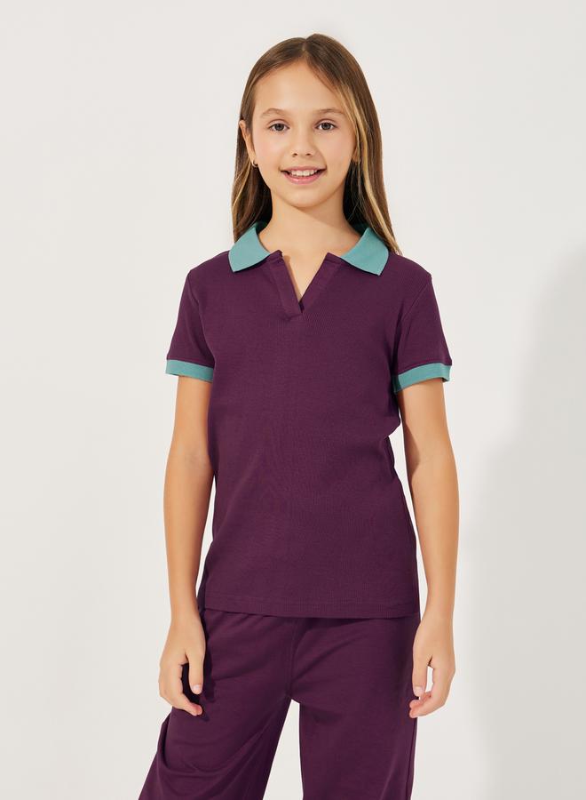 Styli Rib Knit Polo T-Shirt with Contrast Collar and Wide Leg Joggers Set - Image 2