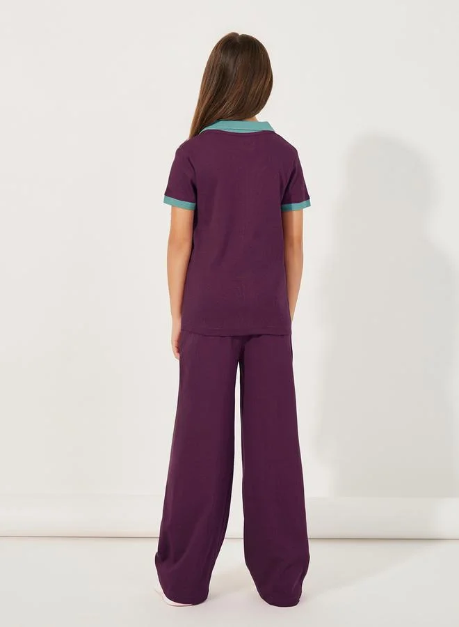 Styli Rib Knit Polo T-Shirt with Contrast Collar & Wide Leg Joggers Set
