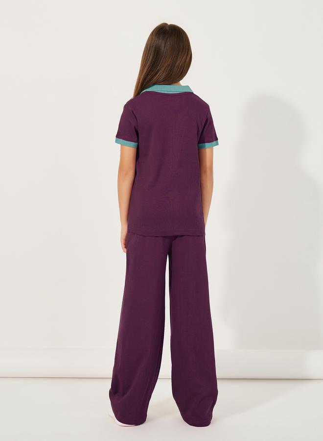 Styli Rib Knit Polo T-Shirt with Contrast Collar and Wide Leg Joggers Set - Image 4