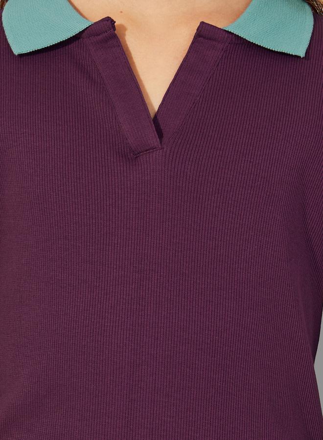 Styli Rib Knit Polo T-Shirt with Contrast Collar and Wide Leg Joggers Set - Image 3