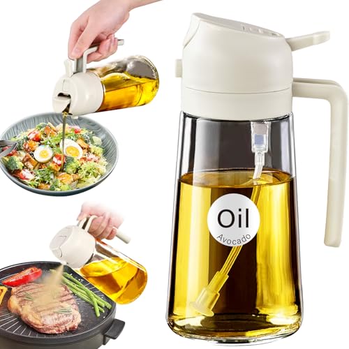 YARRAMATE 16oz470ml Glass Olive Oil Sprayer for Cooking with Stickers 2 in 1 Oil Dispenser for Kitchen Gadgets Food Grade Premium Spray Bottle for Salad Frying BBQ Creamy White