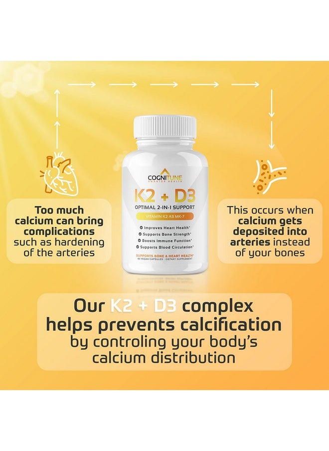 CogniTune - Vitamin D3 5000 Iu With Vitamin K2 (Mk7) Supplement Premium Immune Heart & Bone Health Capsules Vitamin K2 D3 Complex With 5000 Iu Of Vitamin D3 & 90 Mcg Of Vitamin K2 Mk760 Count - Image 1