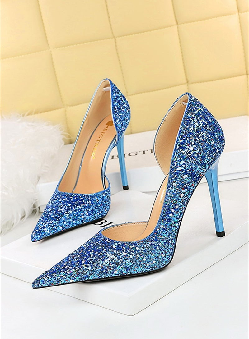 BIGTREE 10.5cm European And American Party High-Heeled Stilettos With High-Heeled Shallow-Cut Pointy Side Shimmering Sequins Blue  - Image 1