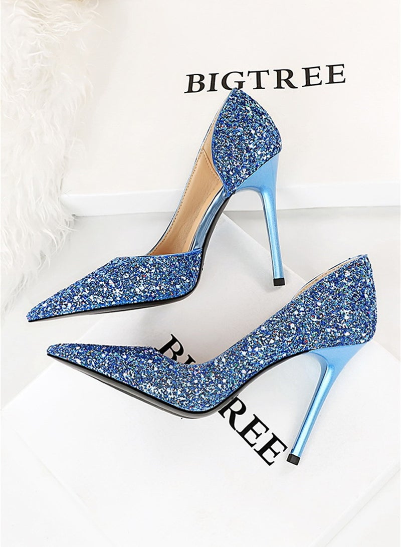 BIGTREE 10.5cm European And American Party High-Heeled Stilettos With High-Heeled Shallow-Cut Pointy Side Shimmering Sequins Blue  - Image 2