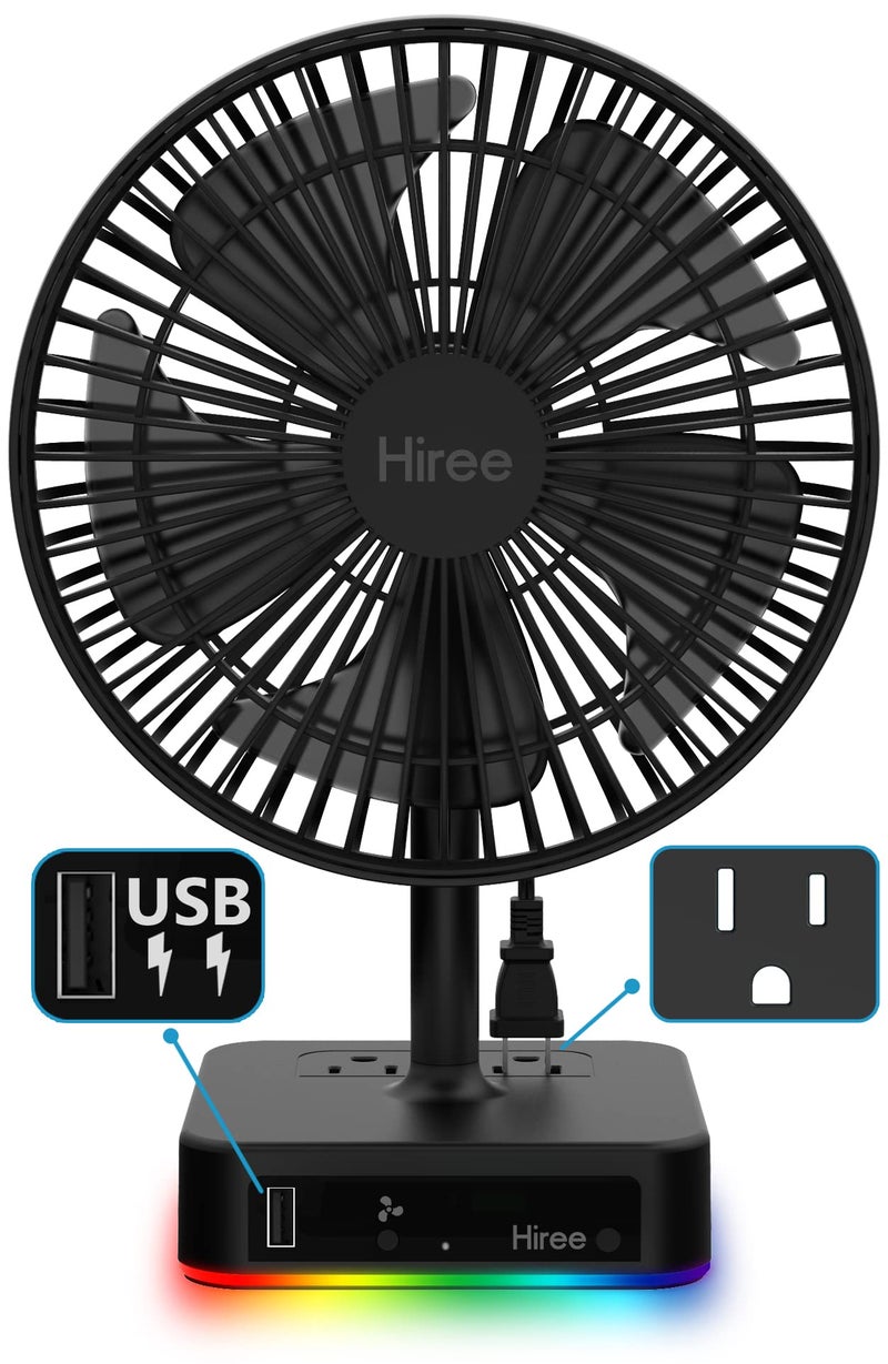 Hiree Desk Fan with USB Charging Port 67 Inch 2 Speeds Small Desktop Table Fan with USB Charger AC Outlet and LED Light Strong Wind Quiet Operation Suitable for Bedroom Home Dorm Room