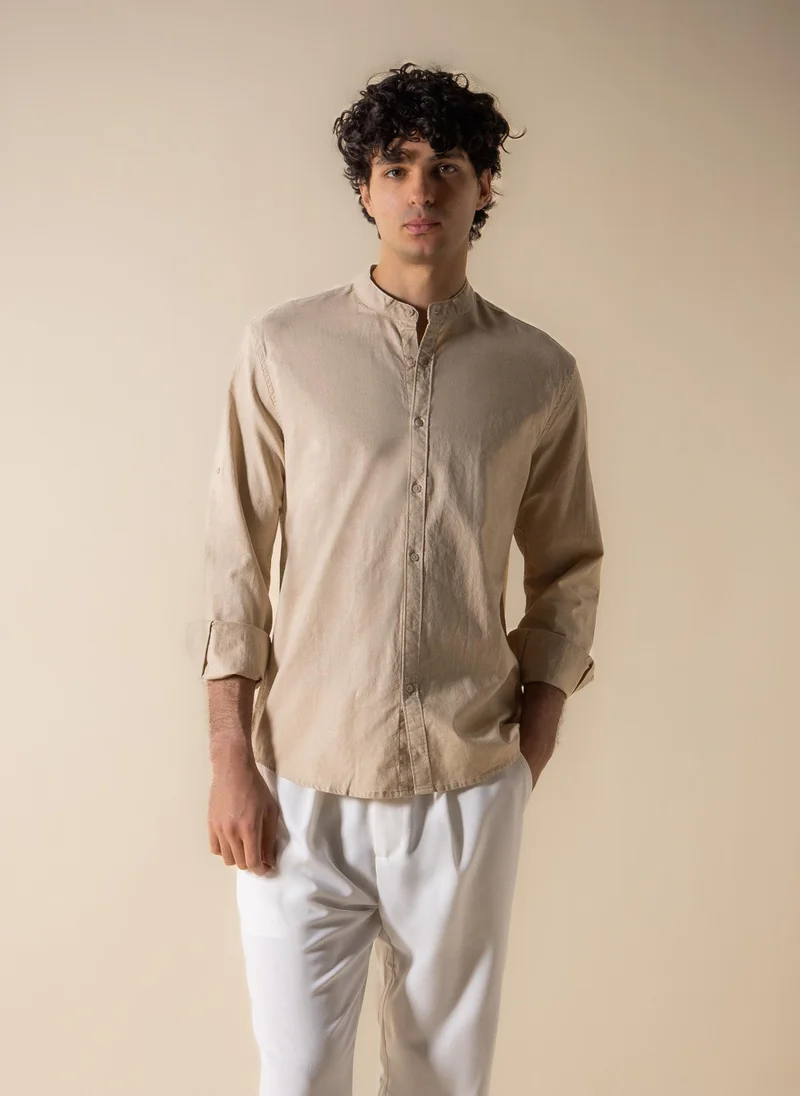شايبس LINEN COTTON BAND COLLAR SHIRT