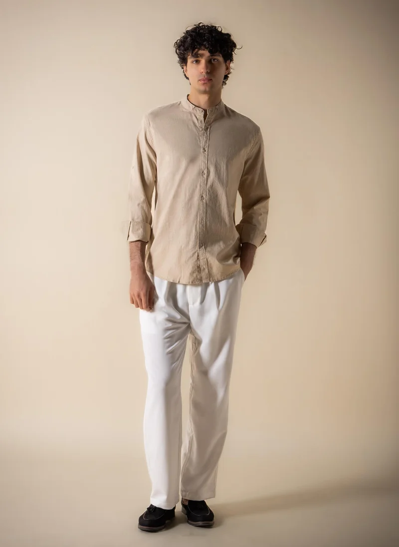 شايبس LINEN COTTON BAND COLLAR SHIRT