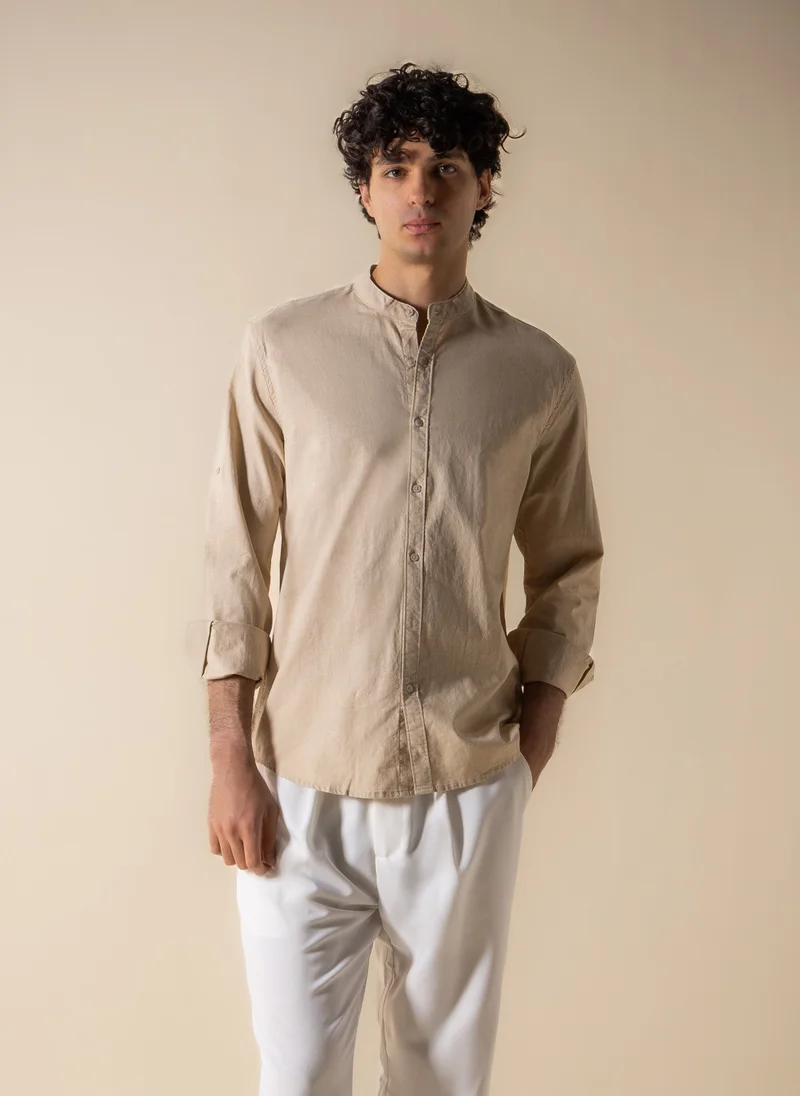 شايبس LINEN COTTON BAND COLLAR SHIRT