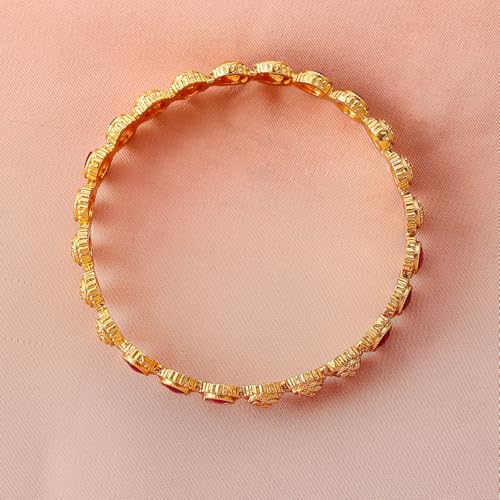 Rubans Set of 2, 22K Gold-Plated Ruby Pink Stone & Floral Design Traditional Bangles - Image 2