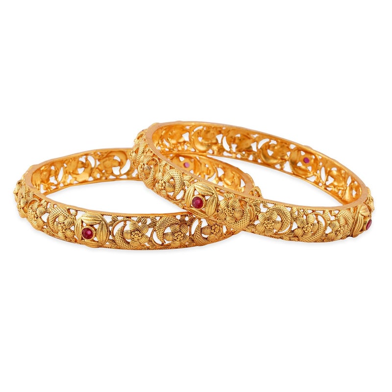 Rubans Set of 2, 22K Gold-Plated Ruby Pink Stone & Floral Design Traditional Bangles - Image 3