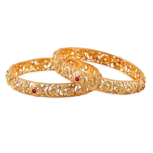 Rubans Set of 2, 22K Gold-Plated Ruby Pink Stone & Floral Design Traditional Bangles - Image 1