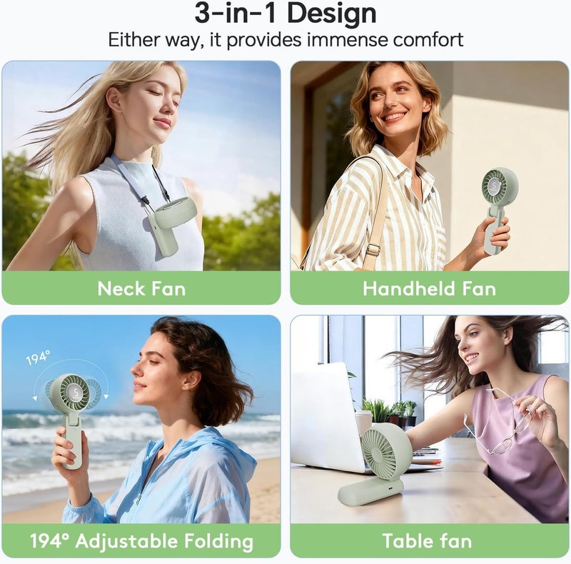 ZOZOO Portable Fan, USB Rechargeable 194°Folding Handheld Fan,5 Speed&LED Display &High Power Motor Table Fan, 3 IN 1 Quiet Strong personal Neck fans for Travel,Camping,Beach (Green) - Image 5