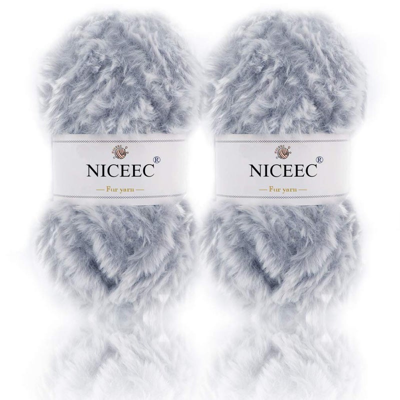 NICEEC 2 Skeins Faux Fur Yarn Super Soft Chunky  Fluffy Eyelash Yarn for Crochet  Knitting Total Length 70yds353oz  Light Grey