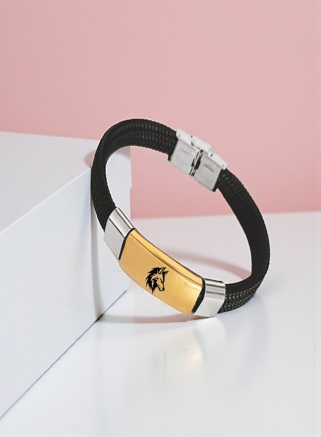 M Men Style Side-Faced Wolf Bracelet for Men – Gold Plate on Black Rope Band | Alpha Spirit Wrist Accessory SBr2025592 - Image 3