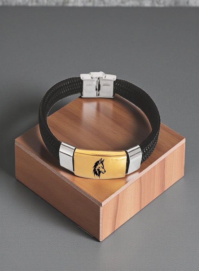 M Men Style Side-Faced Wolf Bracelet for Men – Gold Plate on Black Rope Band | Alpha Spirit Wrist Accessory SBr2025592 - Image 4