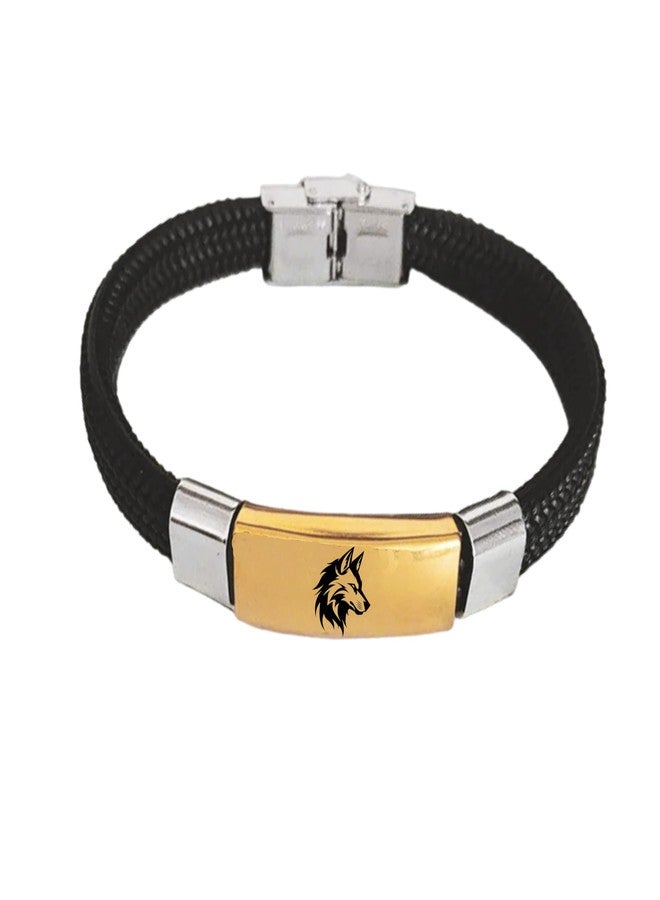 M Men Style Side-Faced Wolf Bracelet for Men – Gold Plate on Black Rope Band | Alpha Spirit Wrist Accessory SBr2025592 - Image 1