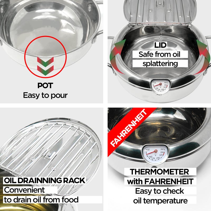 KOMONG Deep Fryer Pot (Â°F), Japanese Tempura Small Deep Frying Pot with Fahrenheit Thermometer, 304 Stainless Steel Deep Fryer with Oil Draining Rack for Tempura chips, Fries, Fish, and Chicken - Image 3