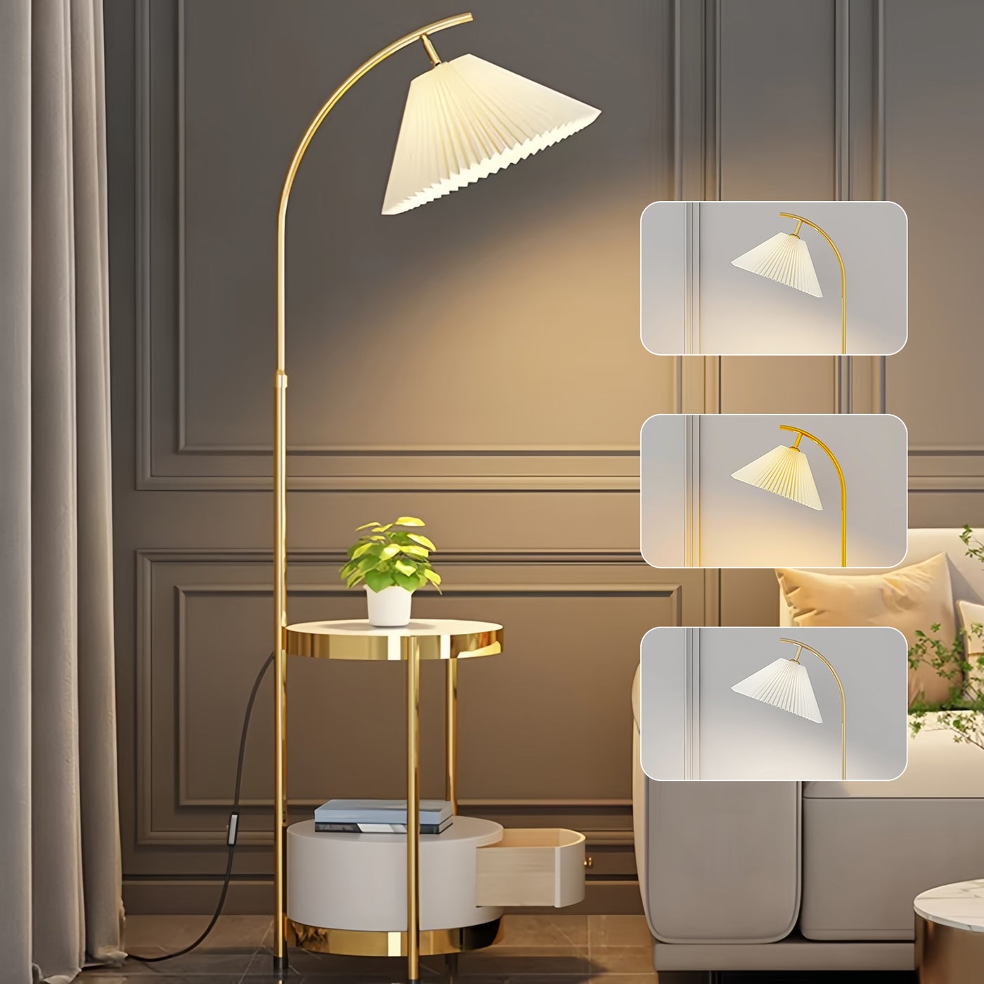 Arc Floor Lamp with Side Table 3-Color Dimmable LED (3000K-6000K) 12W Gold Standing Lamp with Storage Shelf for Living Room Bedroom