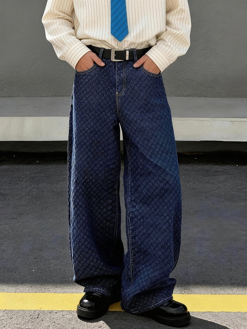 Men'S Dark Blue Jacquard Wide Leg Jeans Premium Workwear Oversized Baggy Denim Trousers Men Retro Streetwear Japanese Preppy Cityboy Ins Style Unisex Outdoor Activities Appointment Wear - Image 4