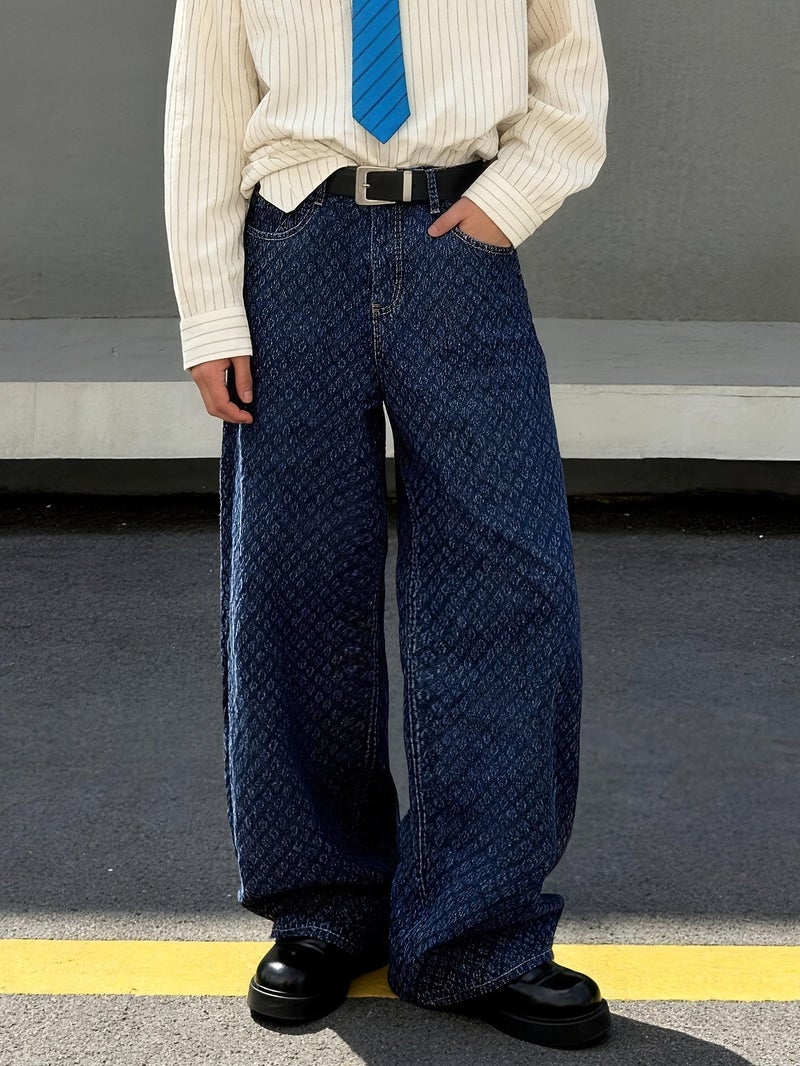 Men'S Dark Blue Jacquard Wide Leg Jeans Premium Workwear Oversized Baggy Denim Trousers Men Retro Streetwear Japanese Preppy Cityboy Ins Style Unisex Outdoor Activities Appointment Wear - Image 3