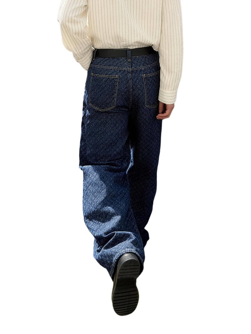 Men'S Dark Blue Jacquard Wide Leg Jeans Premium Workwear Oversized Baggy Denim Trousers Men Retro Streetwear Japanese Preppy Cityboy Ins Style Unisex Outdoor Activities Appointment Wear - Image 1