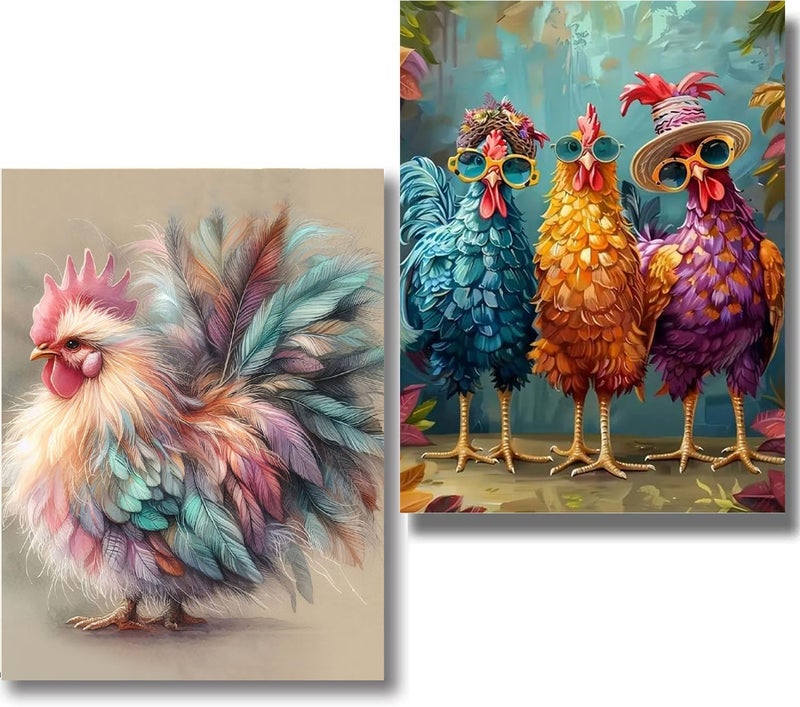 Clendo 2 Pack Chicken Diamond Art Kits for Adults - 5D Diamond Painting for Adults, Full Drill Colorful Rooster Diamonds Dots Gem Art Kit for Wall Home Decor Arts Craft 12x16 inch - Image 1