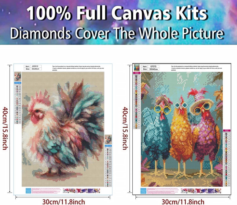 Clendo 2 Pack Chicken Diamond Art Kits for Adults - 5D Diamond Painting for Adults, Full Drill Colorful Rooster Diamonds Dots Gem Art Kit for Wall Home Decor Arts Craft 12x16 inch - Image 2