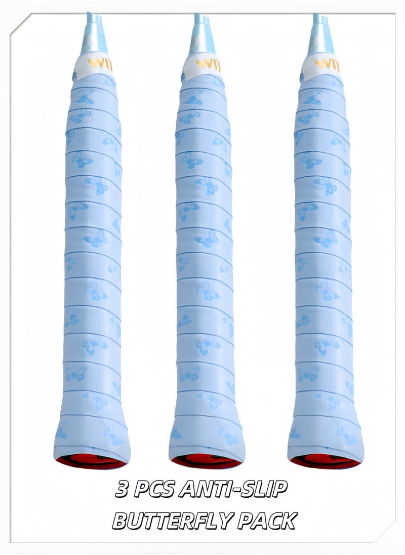 Generic 3-Pack Sticky Butterfly Pattern Anti-Slip Racket Grip Tape, Blue, Super Absorbent, Breathable, and Quick-Dry Overgrip for Tennis, Badminton, and Pickleball Rackets, Professional Quality, Tennis Overgrip, Pickleball OverGrip, Racket Overgrip, Padel Tennis Racket Over Grip.  - Image 1