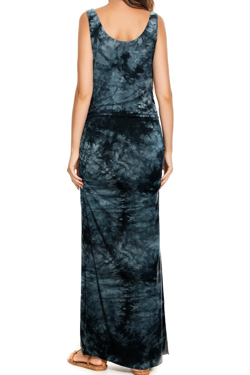 Smallshow Women's Split Long Maternity Dress Sleeveness Ruched Pregnancy Clothes Medium Tie Dye Grey Black - Image 4